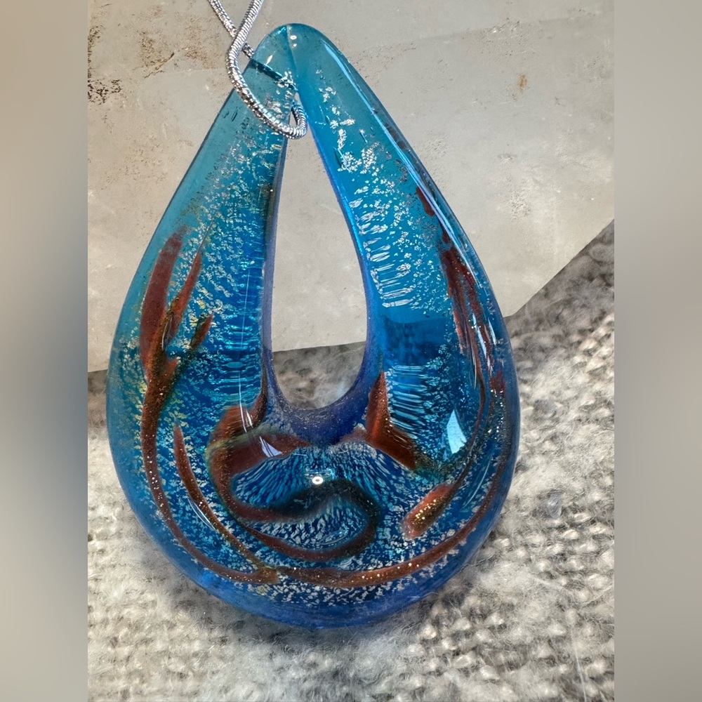Blue and Copper Tone Dichroic Teardrop Glass Pendant